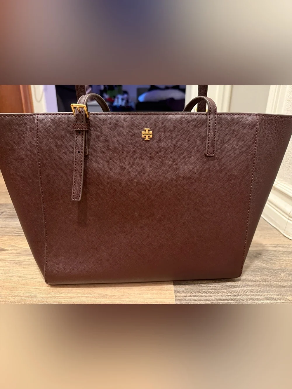 Tory Burch Chocolate Brown Saffiano Leather Tote with Gold Hardware